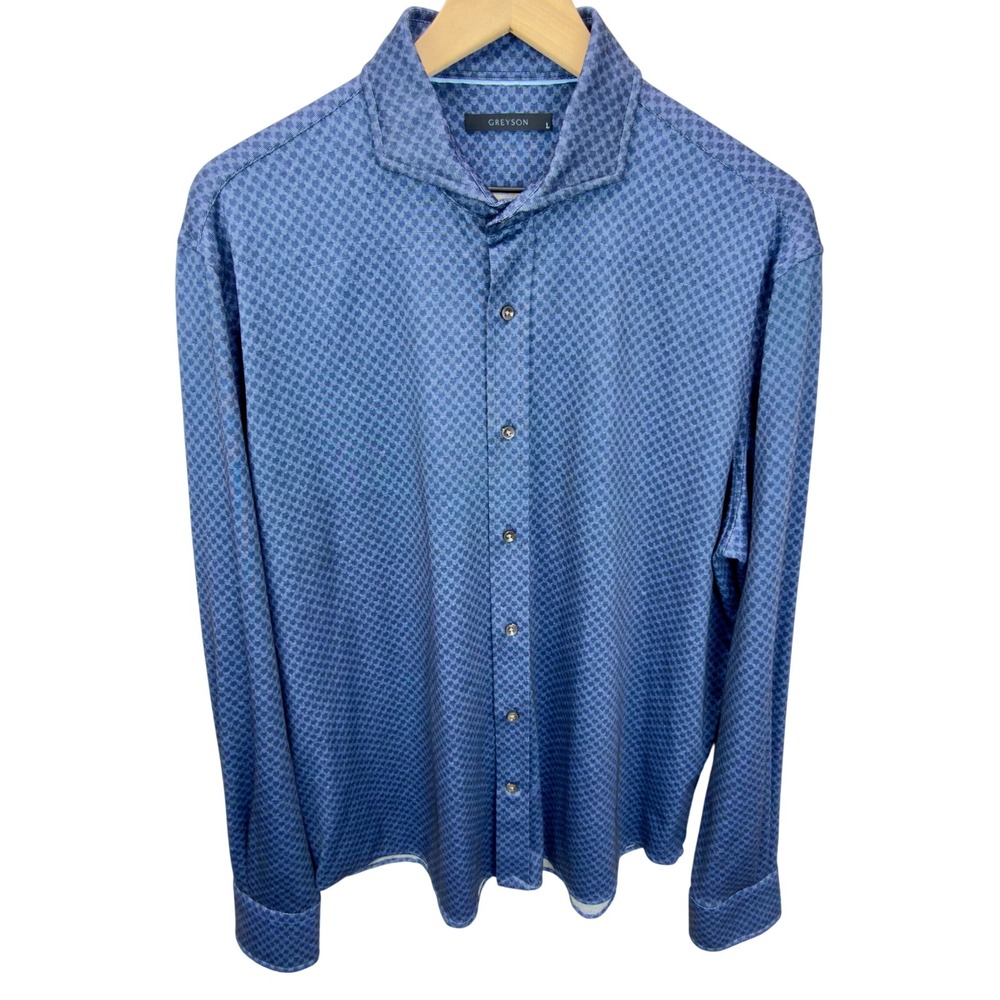 NWOT Greyson Wolf Micro Print Long Sleeve Shirt Men Size L Blue Golf Performance